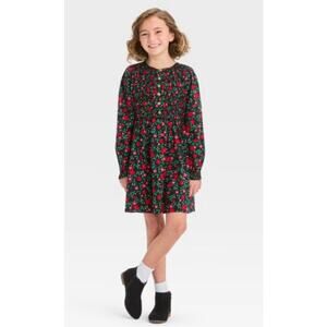 Girl’s Cat & Jack Smocked Long Sleeve Poinsetta Viral Christmas Dress 10/12